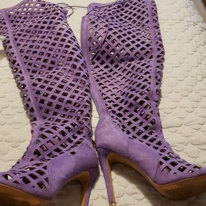 Purple microsuede thigh high caged sandal